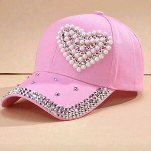 SALE Pink Baseball Cap Beautiful Vegan Pearl Heart Design